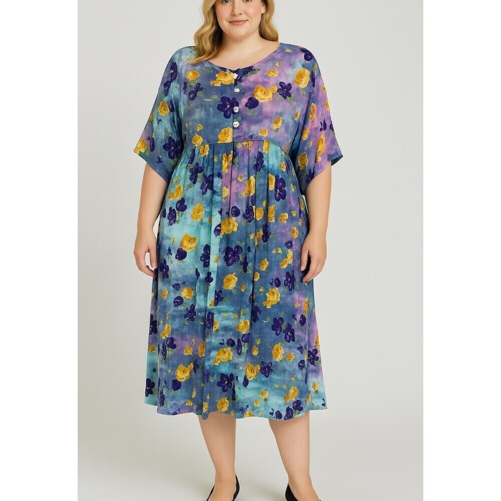 Partners Intimates Vintage blue floral crepe back waist tie SZ XL 1/2 button top